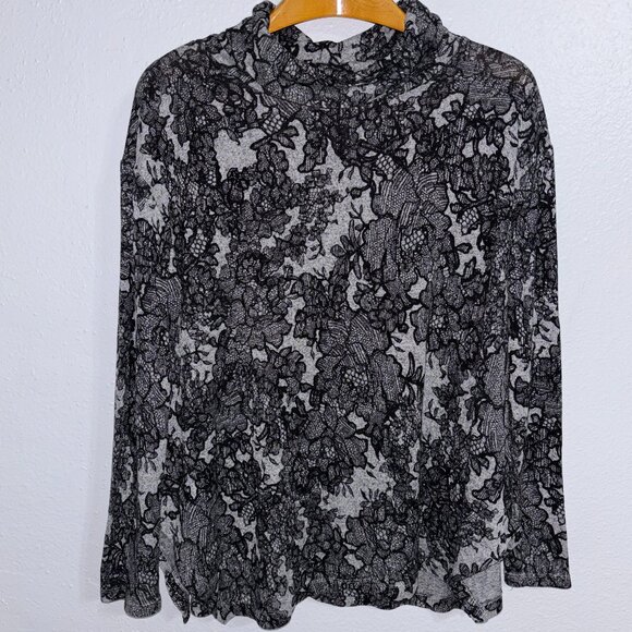 Simply Vera Vera Wang Gray Black Floral Lace Print Top L Cowl Neck Stretch Soft - Picture 1 of 14